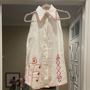 Alamar embroidered Sleeveless White linen Blouse